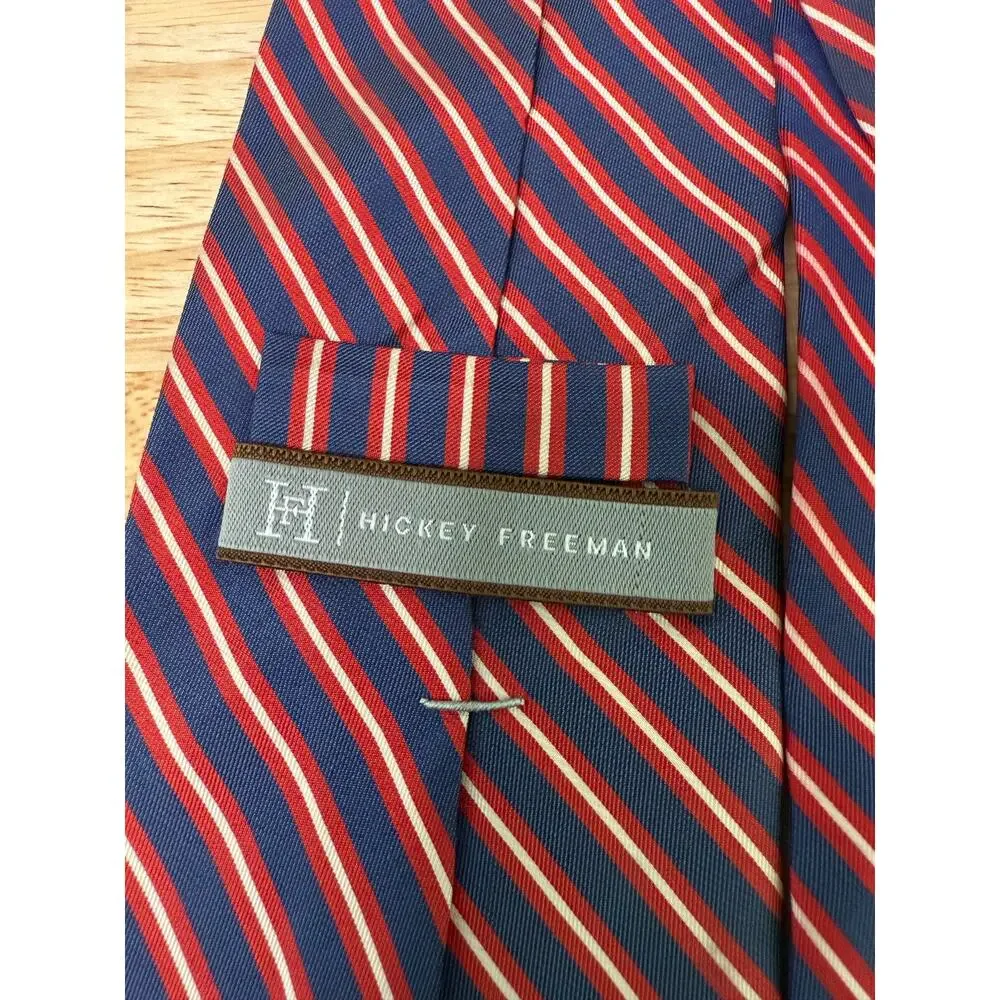 Hickey Freeman Men's Silk Neck Tie Navy Blue Red Silver Stripes